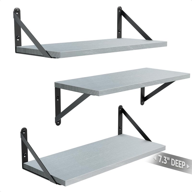 COCOYA Wall Shelves 7.3" Deep Set of 3, Solid Paulownia Wood Wider Longer Sturdy Easy to Install Wall Mounted Bookshelves Storage Shelves Bathroom Home Office Laundry Room Bedroom Organizer Gray - Image 1